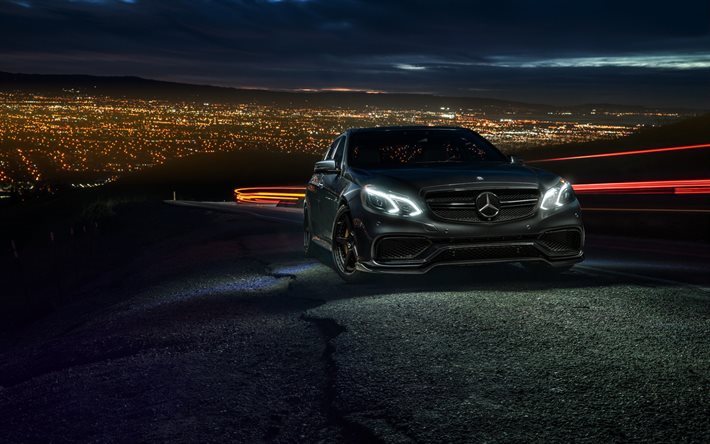 Mercedes-Benz E63 AMG S, en 2017, les voitures, la nuit, supercars, des phares, des Mercedes