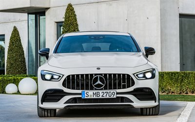 Mercedes-AMG GT, 4-Door Coupe, 2019, GT53, 4Matic, front view, exterior, new, white GT53, German cars, Mercedes