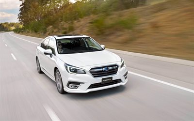 Subaru Liberty, 4k, road, 2018 cars, white Liberty, motion blur, Subaru