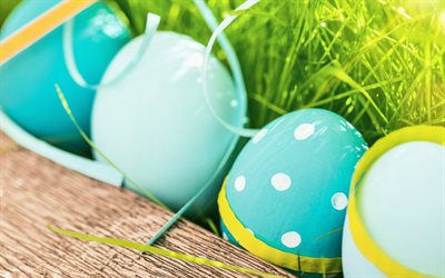 2018 Paskalya, Paskalya yumurtaları mavi, yeşil çimen, bahar, dekorasyon, Nisan, Mutlu Paskalyalar