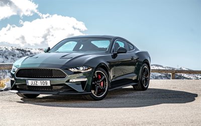 Ford Mustang Bullitt, 2018, exterior, green sports coupe, new green Mustang, tuning, black wheels, American cars, Ford