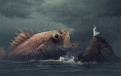 big fish, sea, rain, art, rocks, creative