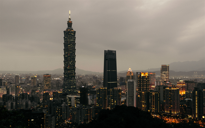 4k, Taipei 101, evening city, Taipei, Taiwan, skyscrapers, Xinyi District, China, Asia, Taipei World Financial Center