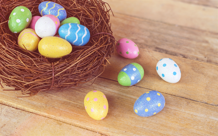 multicolored easter eggs, nest, Easter, 2018, festive decoration, spring religious holidays