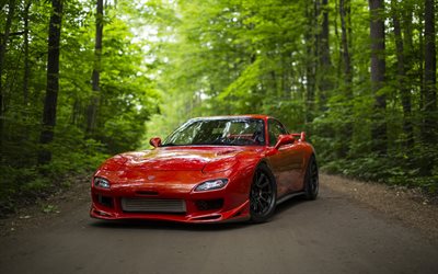 4k, Mazda RX-7, tuning, road, red RX-7, japanese cars, Mazda
