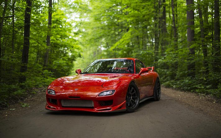 Download wallpapers 4k, Mazda RX-7, tuning, road, red RX-7 ...