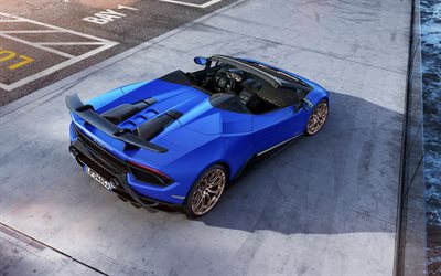Lamborghini Huracan, Spyder, 2018, top view, exterior, rear view, blue cabriolet, sports coupe, blue Huracan, Italian sports cars, Lamborghini