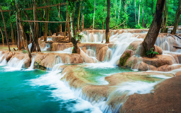 Kuang Si, Luang Prabang, hermosa cascada, bosque tropical, la selva, la isla tropical, Laos