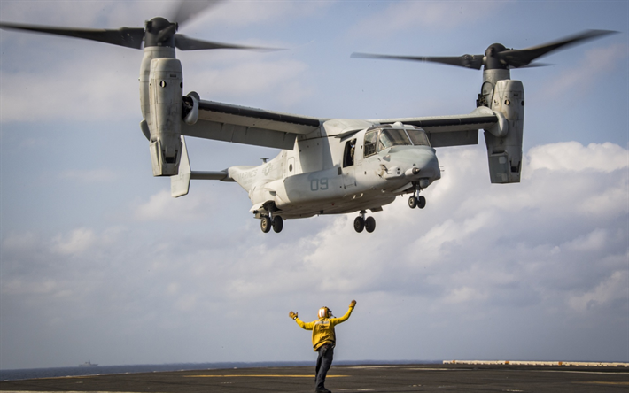 bell v-22 osprey, american tiltrotor, us-marine, combat aircraft, military aircraft, aircraft carrier deck, usa