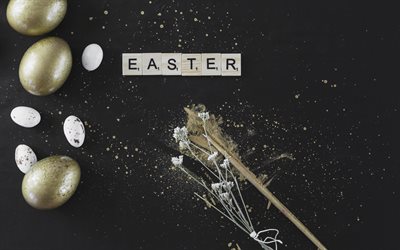 Easter, golden eggs, gray background, floral decoration, spring, April 2018, eggs