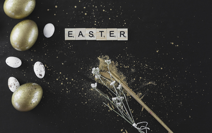 2018 Paskalya altın yumurta, gri arka plan, &#231;i&#231;ek resimleri, bahar, Nisan, yumurta
