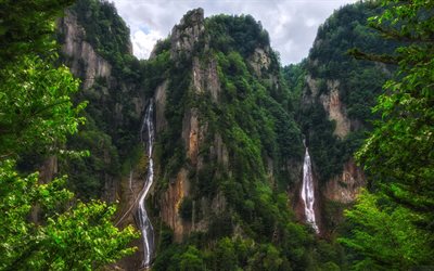 Daisetsuzan National Park, 4k, waterfalls, cliffs, japanese landmarks, forest, Japan, Asia, HDR