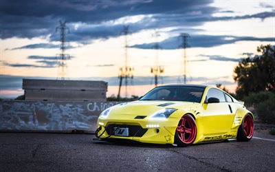 Rocket Bunny, tuning, Nissan 350z, 4k, supercars, stance, yellow 350z, Nissan