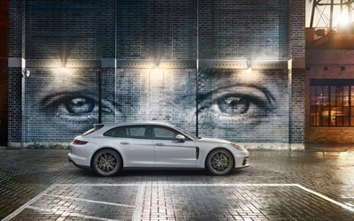 Porsche Panamera 4S Sport Turismo, 2017, side view, sporting coupe, tuning Panamera, green callipers, graffiti on the wall, eyes on the wall, German cars, Porsche