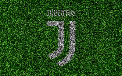 La Juventus, 4k, italiano, club de f&#250;tbol, de Tur&#237;n, Italia, el nuevo logotipo de la Juventus, con el emblema de f&#250;tbol de c&#233;sped verde, de la Serie a, la Juventus FC