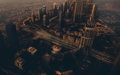 Dubai, el rascacielos, edificios modernos, puesta de sol, EMIRATOS &#225;rabes unidos, Oriente, paisaje urbano, Emiratos &#193;rabes Unidos, cruce de carreteras, la autopista sin peaje
