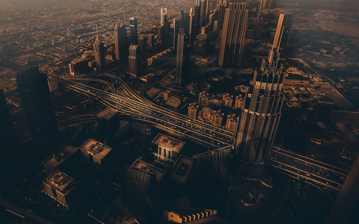 Dubai, grattacieli, edifici moderni, tramonto, EMIRATI arabi uniti, Est, paesaggio urbano, Emirati Arabi Uniti, svincolo stradale, autostrada