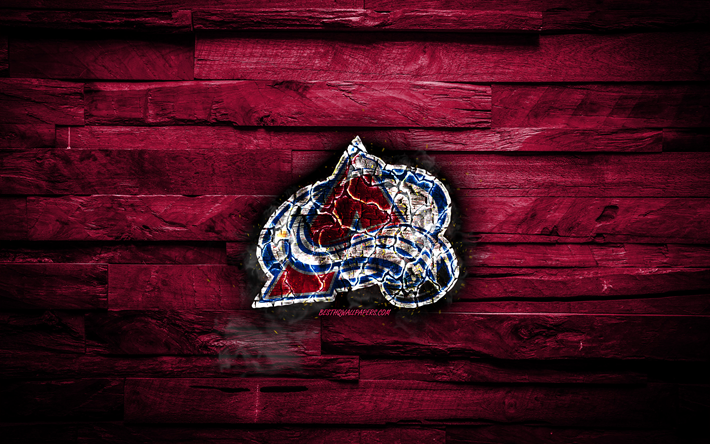 Colorado Avalanche, eldig logotyp, NHL, lila tr&#228; bakgrund, amerikansk ishockey, grunge, V&#228;stra Konferensen, hockey, Colorado Avalanche-logotyp, brand konsistens, USA