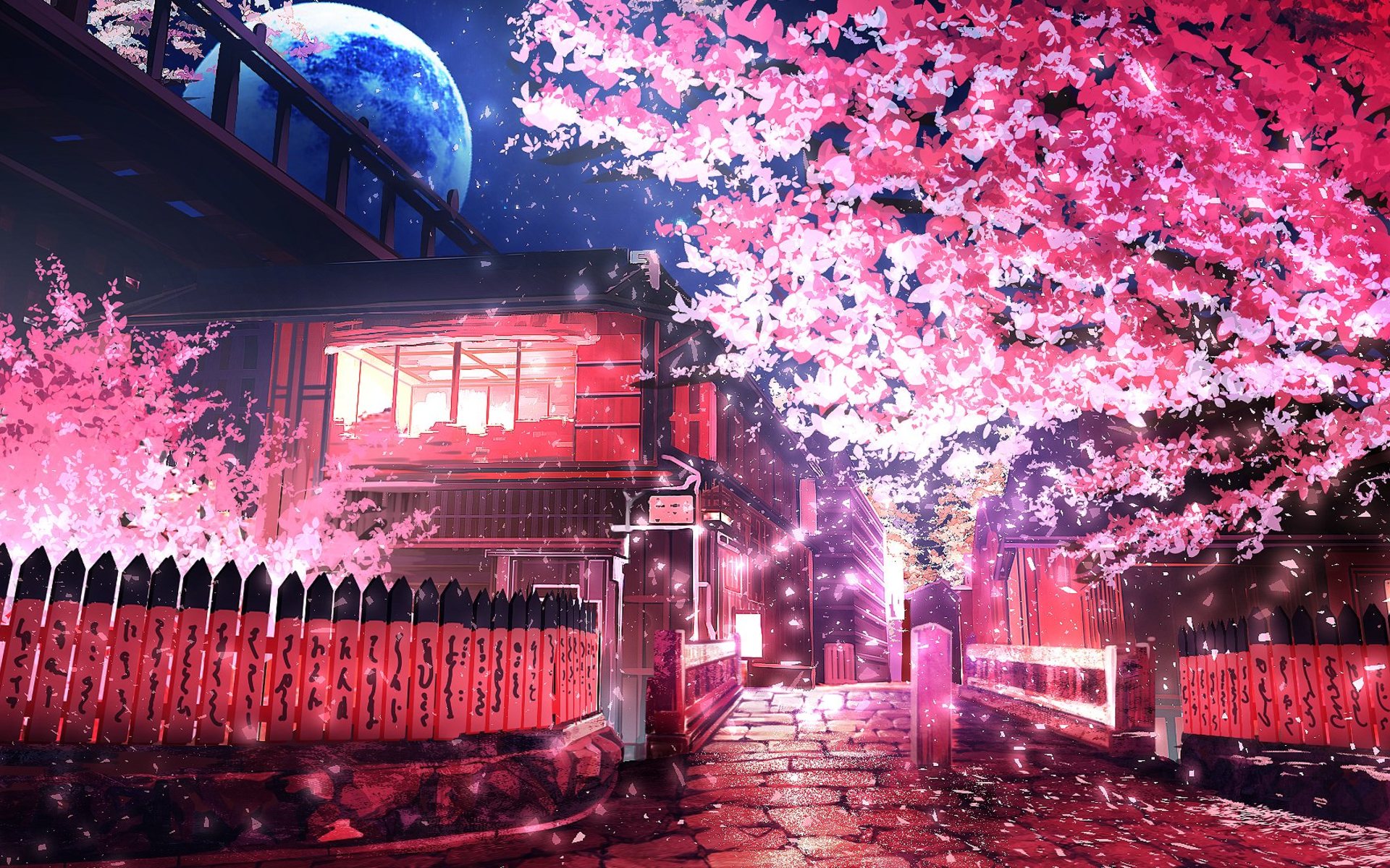 ダウンロード画像 日本の市 通り 春 夜 桜 桜の木 画面の解像度 19x10 壁紙デスクトップ上