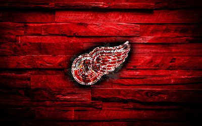 Detroit Red Wings, fiery logo, NHL, red wooden background, american hockey team, grunge, Eastern Conference, hockey, Detroit Red Wings logo, fire texture, USA