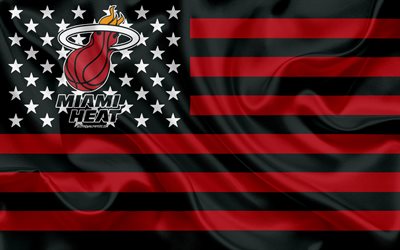Miami Heat, American basketball club, Amerikkalainen luova lippu, punainen musta lippu, NBA, Miami, Florida, USA, logo, tunnus, silkki lippu, National Basketball Association, koripallo