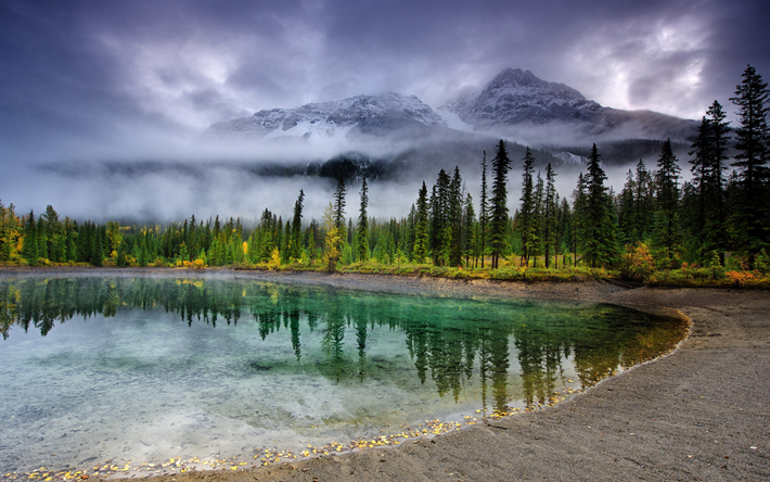 mountain lake, emerald lake, spring, morning, mountain landscape, forest, mountains, Canada