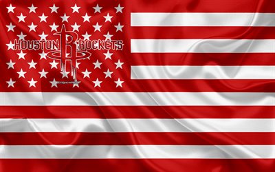 Houston Rockets, Amerikan basketbol kul&#252;b&#252;, yaratıcı Amerikan bayrağı, kırmızı beyaz bayrak, NBA, Houston, Teksas, ABD, logo, amblem, ipek bayrak, Basketbol