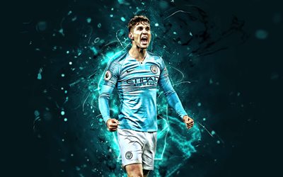 John Stones, goal, Manchester City FC, English footballers, soccer, joy, Premier League, Man City, neon lights