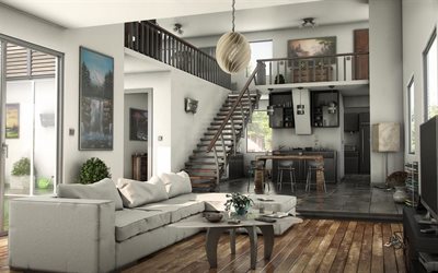 tyylik&#228;s sisustus, kahden kerroksen huoneistot, rauta portaikko levyt, luova kattokruunu, moderni sisustus, olohuone, ruokasali