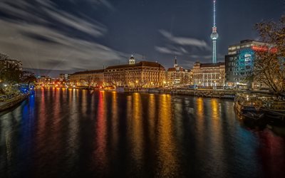 Torre de TELEVISÃO de Berlim, Torre de TV, Berlim, Capital alemã, noite, paisagem urbana, luzes da cidade, Alemanha, Torre de televisão