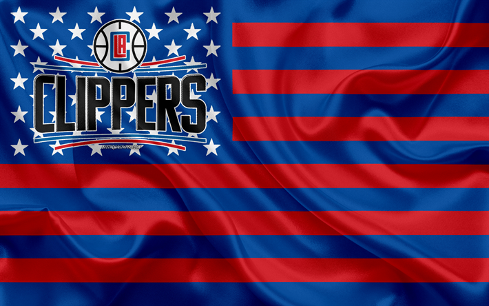 De Los Angeles Clippers, bandera Estadounidense club, American creativo de la bandera, el rojo de la bandera azul, de la NBA, Los Angeles, California, estados UNIDOS, logotipo, emblema, bandera de seda, Asociaci&#243;n Nacional de Baloncesto, baloncesto