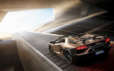 Lamborghini Aventador SVJ, 2019, golden supercar, rear view, Italian sports cars, new Aventador, Lamborghini