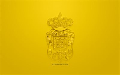 2 UD Las Palmas, yaratıcı 3D logo, sarı arka plan, 3d amblem, İspanyol Futbol Kul&#252;b&#252;, UEFA Şampiyonlar Ligi, Segunda, Las Palmas de Gran Canaria, İspanya, 3d sanat, futbol, 3d logo