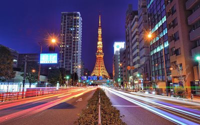 4k, Tokyo Kulesi, trafik ışıkları, nightscapes, TV Kulesi, Nippon Television City, şehir, Tokyo, Japonya, Asya