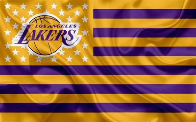 Los Angeles Lakers, American basketball club, Amerikkalainen luova lippu, keltainen violetti lippu, NBA, Los Angeles, California, USA, logo, tunnus, silkki lippu, National Basketball Association, koripallo