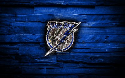 Tampa Bay Lightning, ateşli logosu, NHL, mavi ahşap arka plan, Amerikan hokey takımı, grunge, Doğu Konferansı, hokey, Tampa Bay Lightning logo, yangın doku, ABD