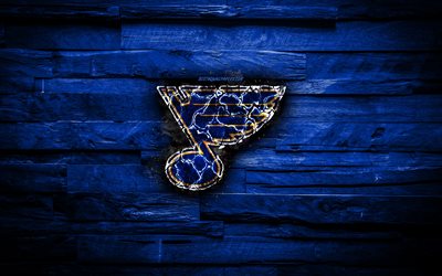 St Louis Blues, fiery logo, NHL, blue wooden background, american hockey team, grunge, Western Conference, hockey, St Louis Blues logo, fire texture, USA