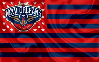New Orleans Pelicans, American flag club, American creative flag, red blue flag, NBA, New Orleans, LA, USA, logo, emblem, silk flag, National Basketball Association, basketball