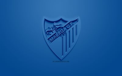 Malaga CF, creativo logo 3D, sfondo blu, emblema 3d, club spagnolo, La Liga 2, Segunda, Malaga, Spagna, 3d arte, il calcio, il Malaga FC, logo 3d