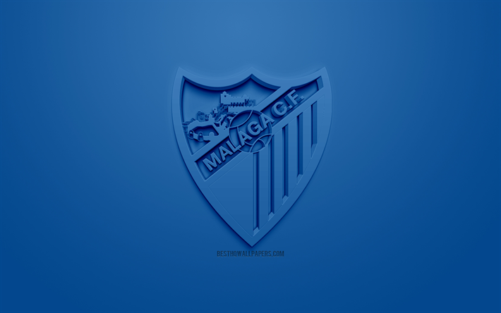 Malaga CF, الإبداعية شعار 3D, خلفية زرقاء, 3d شعار, الاسباني لكرة القدم, الدوري 2, الثاني, ملقة, إسبانيا, الفن 3d, كرة القدم, ملقة FC, شعار 3d