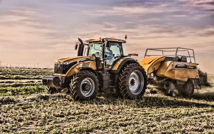 Challenger MT600E, 4k, harvesting hay, 2019 tractors, yellow tractor, agricultural machinery, harvest, HDR, agriculture, tractor in the field, Challenger Tractors