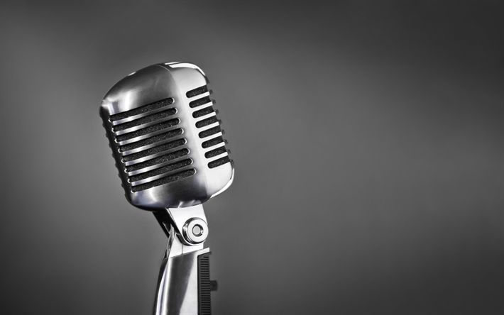 vecchi retro del microfono, metallo, microfono, cantare concetti, microfono su sfondo grigio