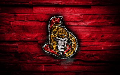 Ottawa Senators, fiery logo, NHL, rosso, di legno, sfondo, americano, squadra di hockey, grunge, Eastern Conference, hockey, Ottawa Senators logo, texture del fuoco, USA