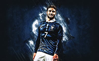 Nabil Fekir, France national football team, attacking midfielder, 18th number, blue stone, portrait, famous footballers, football, french footballers, grunge, France