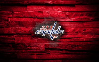 Washington Capitals, fiery logo, NHL, purple wooden background, american hockey team, grunge, Eastern Conference, hockey, Washington Capitals logo, fire texture, USA