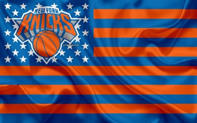 New York Knicks, American basketball club, American creativo, bandiera, arancione, bandiera blu, NBA, New York, USA, logo, stemma, bandiera di seta, Associazione Nazionale di Basket, basket