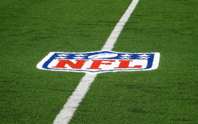 La NFL logo, Liga Nacional de F&#250;tbol, emblema, logotipo de la NFL en el c&#233;sped de f&#250;tbol Americano, estados UNIDOS