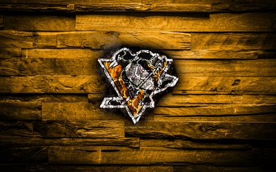 Pittsburgh Penguins, eldig logotyp, NHL, gula tr&#228; bakgrund, amerikansk ishockey, grunge, Eastern Conference, hockey, Pittsburgh Penguins logotyp, brand konsistens, USA