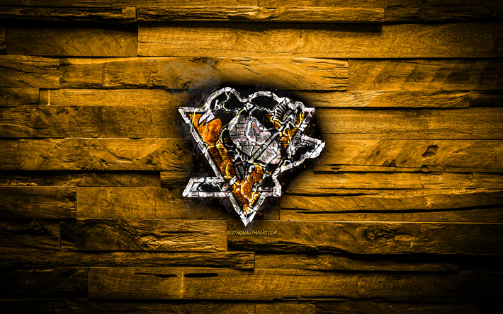 Pittsburgh Penguins, fiery logo, NHL, yellow wooden background, american hockey team, grunge, Eastern Conference, hockey, Pittsburgh Penguins logo, fire texture, USA