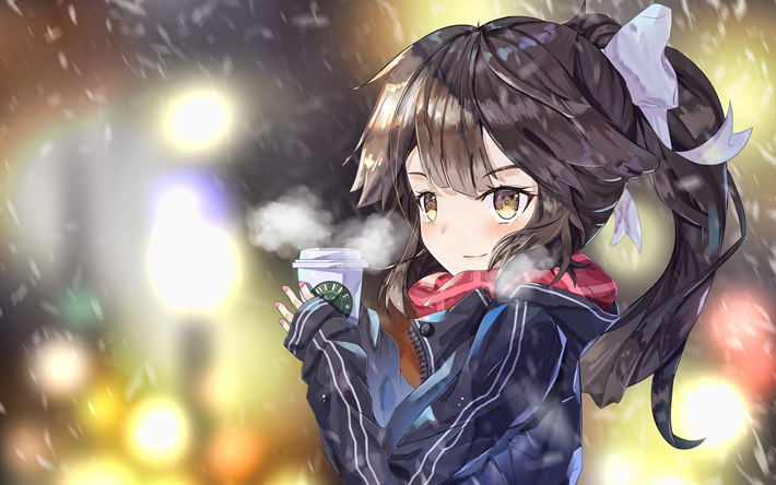 4k, Takao, Azur Lane characters, rain, manga, girl with coffee, artwork, Azur Lane